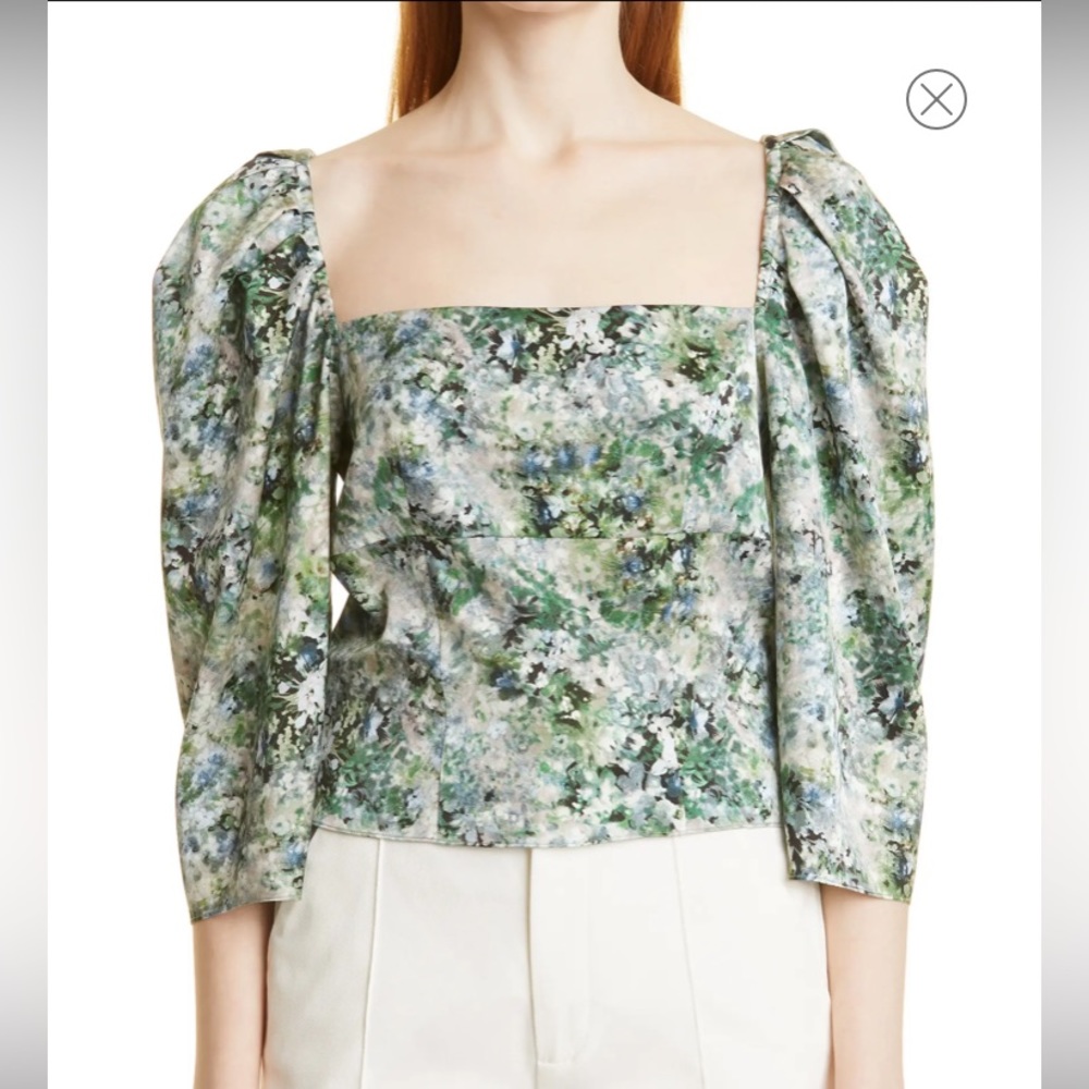 Vince Womens Painted Floral Silky Top, Green -NWT Sz 8